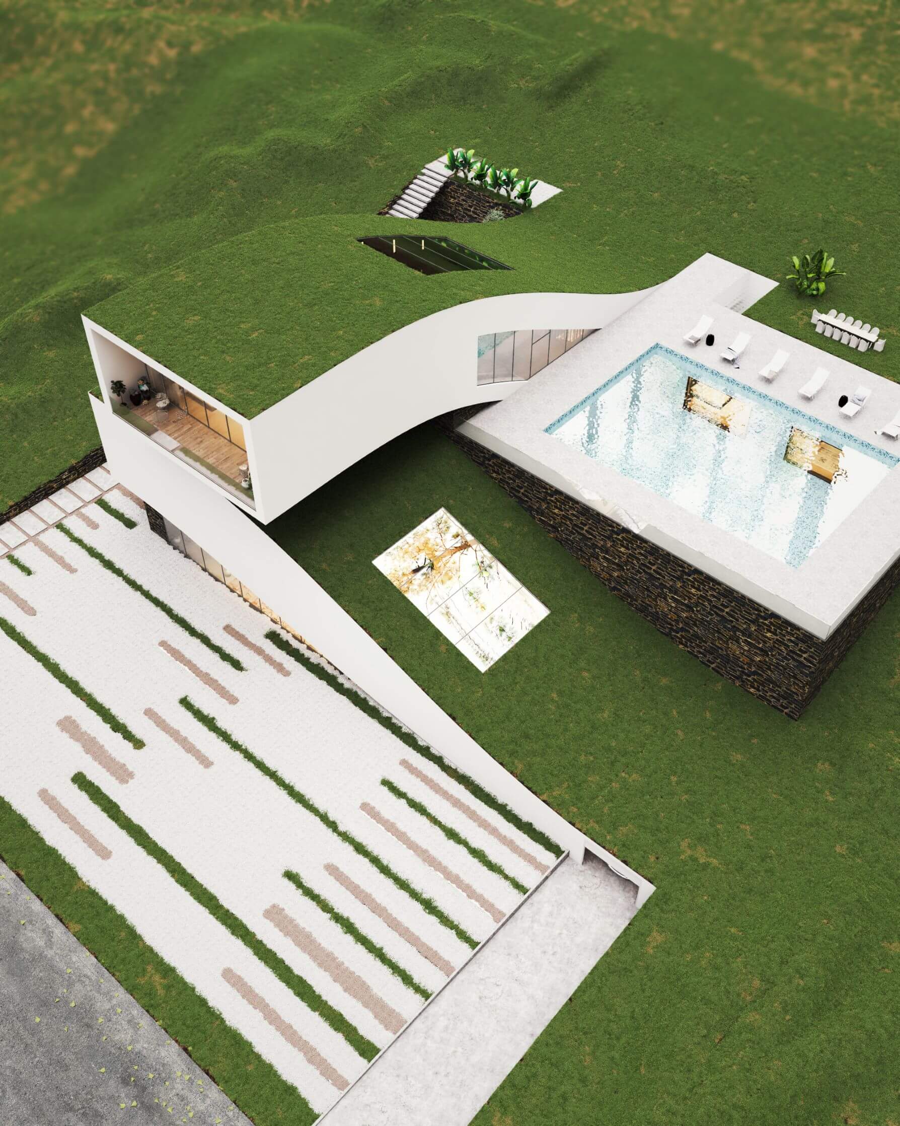 house with green roof in forest